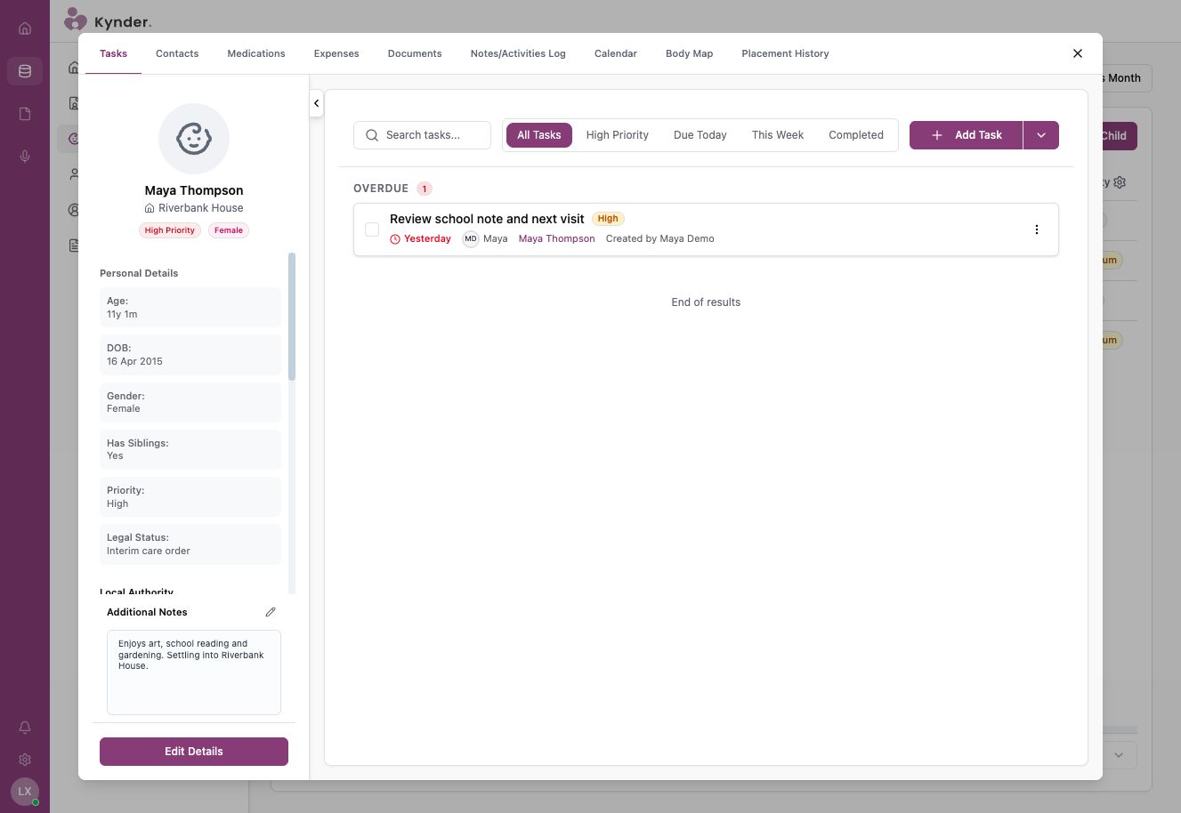 Kynder Care child record screen
